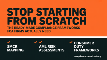 Bold orange banner: 'STOP STARTING FROM SCRATCH' with subtitle about FCA firms, signaling a compliance-focused hero image.