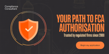 Informational banner: orange shield with checkmark, circular rings on dark background, headline “YOUR PATH TO FCA AUTHORISATION” and rounded “Begin my application” button on the right.