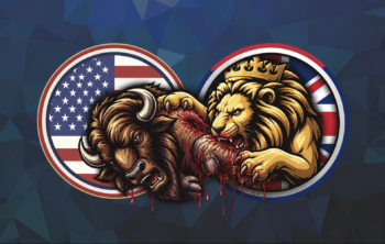 Graphic, cartoon-style bison and lion locked in a bloody confrontation, framed by American and British flag emblems.