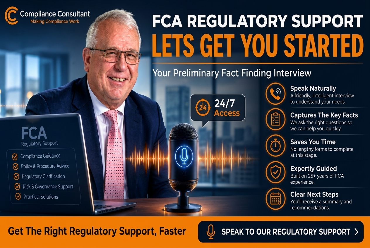 Promotional banner for FCA Regulatory Support: smiling man in a suit with a laptop and microphone, highlighting 24/7 access and service benefits on the right.
