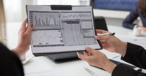 Close-up of a clipboard displaying multiple financial charts, graphs, and a data table for analysis Mix of bar, line charts and tables.