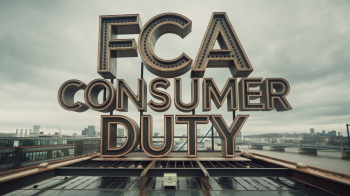 FCA CONSUMER DUTY sign on a rooftop with a river and city skyline in the background