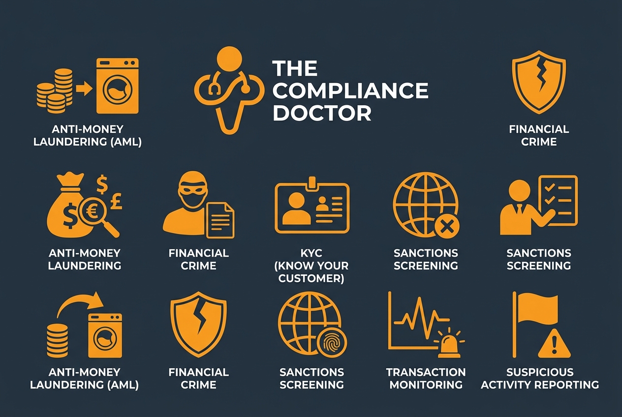 Infographic with orange compliance icons -- AML, financial crime, KYC, sanctions, and monitoring on a dark background.