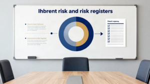 Whiteboard infographic titled 'Inherent risk and risk registers' with a circular chart and a checklist in a meeting room.