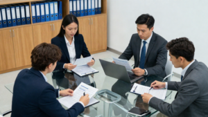 Four professionals in business attire sit around a glass conference table reviewing documents in a modern office setting, with binders on shelves in the background.