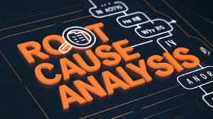 3D orange text reading 'Root Cause Analysis' with a magnifying glass graphic on a dark technical background.