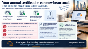 Infographic about certificate by email and rapid recertification rules, with icons and a desk scene on the right side.