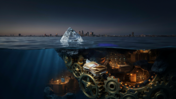 Crystal pyramid floating on the water, above a hidden underwater workshop filled with gears and workers.